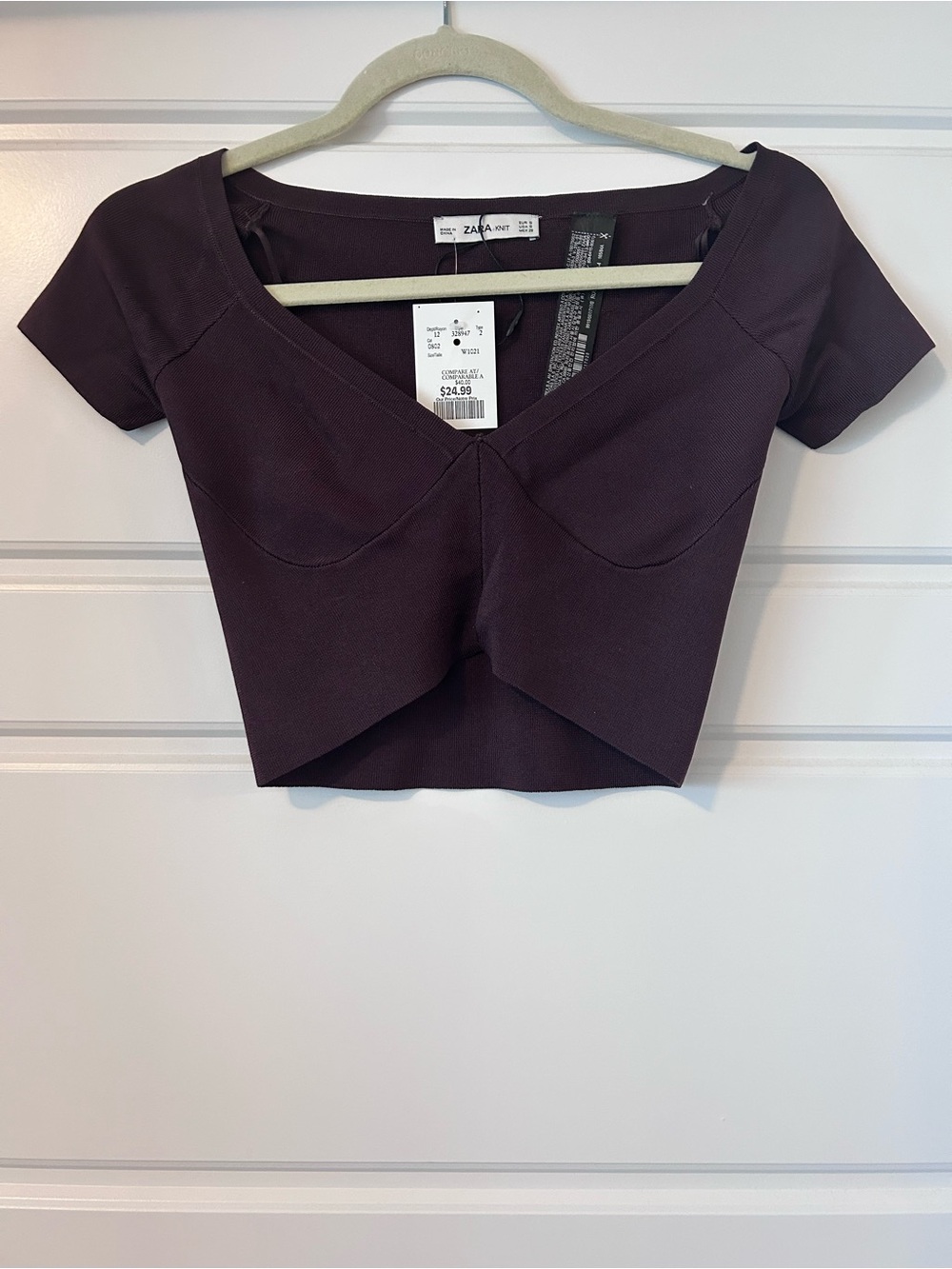 Zara Deep Plum Fitted Cropped V-Neck Top